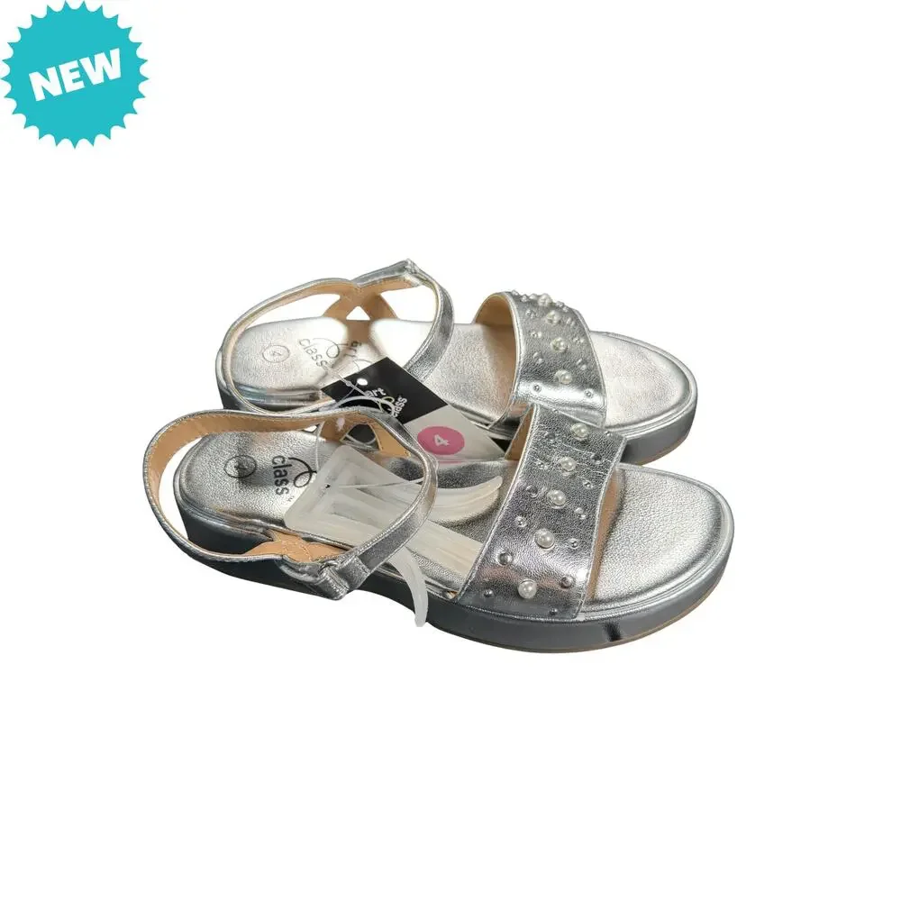 Art Class Sandals Girls Size 4Y Silver Liana Open Toe Faux Pearls Hook and Loop